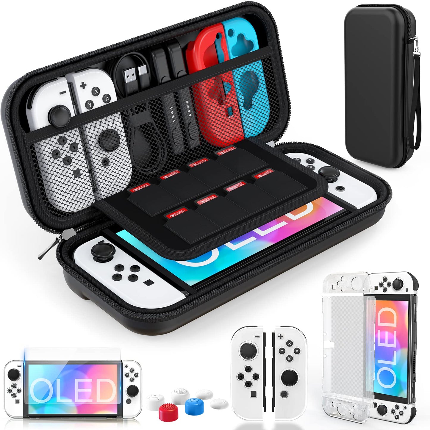 HEYSTOP Switch OLED Case - 9 in 1 Accessories for Nintendo Switch OLED Model 2021, Black, Silicone Tempered Glass, Model BP8