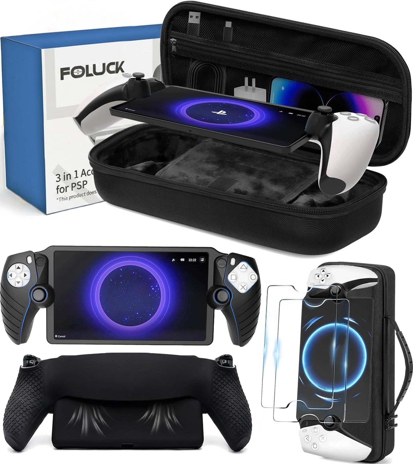 Foluck 3 in 1 Carrying Case for PlayStation Portal Remote Player EVA Hard Case for PS5 Portal with Soft Silicone Protective Cover Skin Case 2 Screen Protector PS5 Portal Console Accessoris Bundle