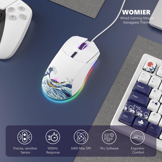 Womier Wired Gaming Mouse - 12000DPI, 6 Programmable Buttons, Ergonomic Design, White RGB, Compatible with Laptop/PC/Mac - G705 V2 Kanagawa