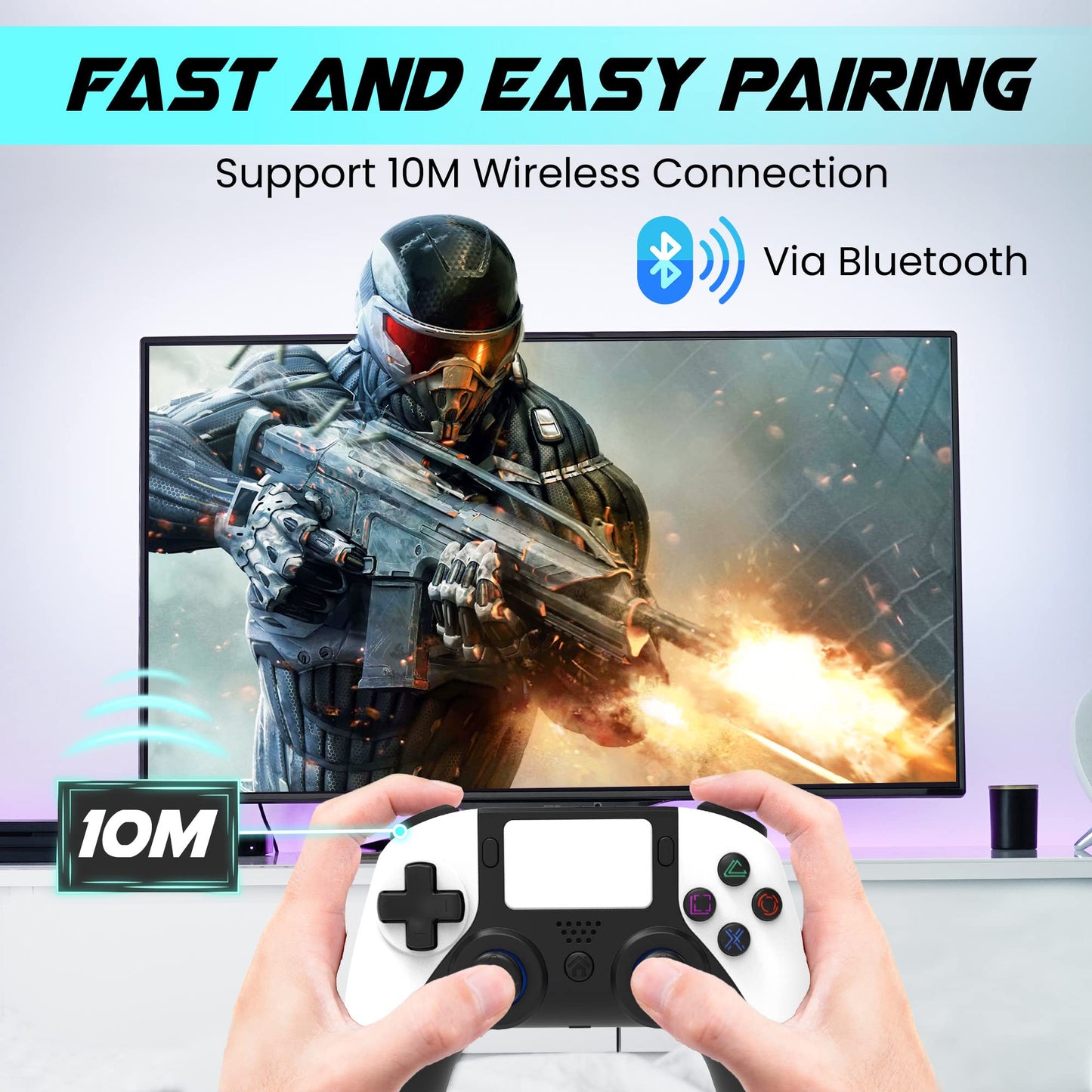 megacom Wireless Bluetooth Controller for P4/PC - Gamepad with Remap Keys, Dual Vibration, Rechargeable Battery, White