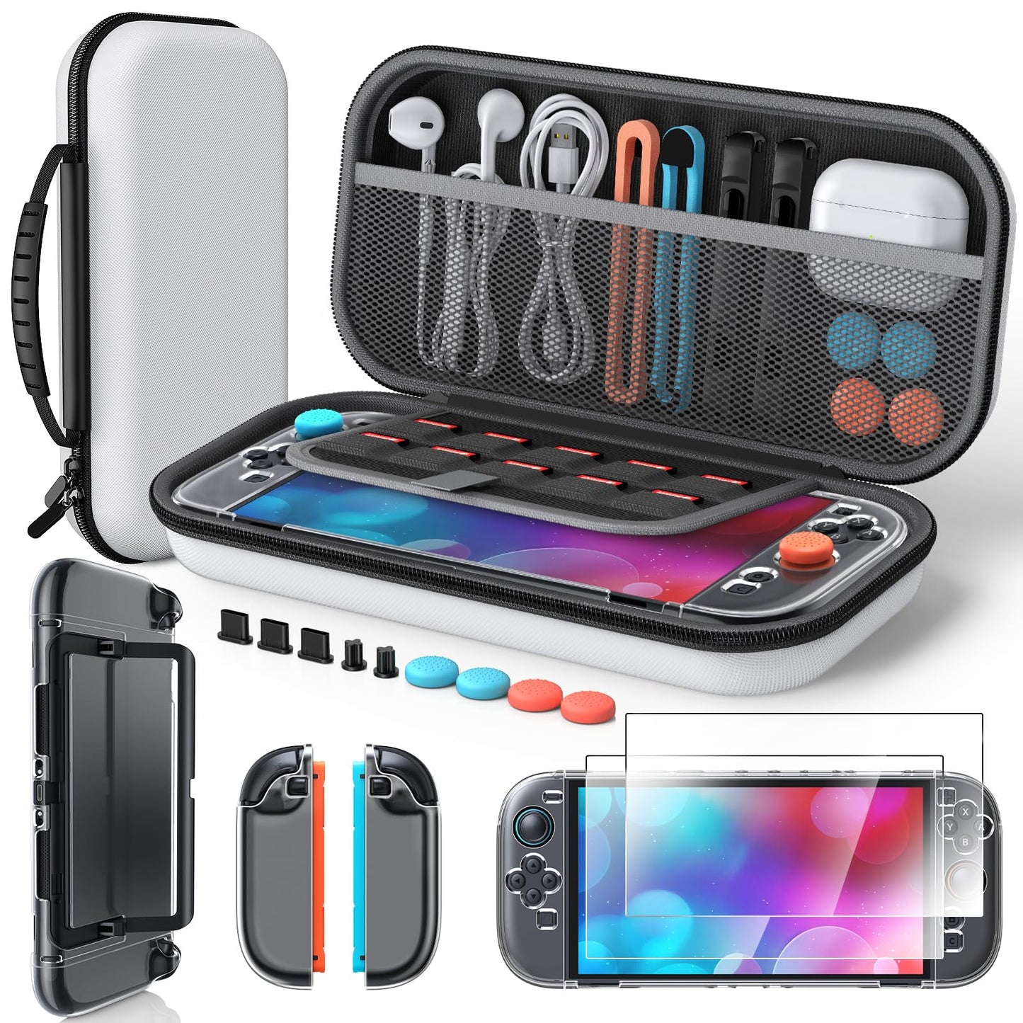 Switch 2 Accessories Bundle for Nintendo Switch 2 2025 Portable Hard Shell Carrying Case with 2 HD Screen Protectors (7.9 Inch) Crystals Protective Skin Dust Plugs Kit 4 Thumb Grips - (White Switch 2)