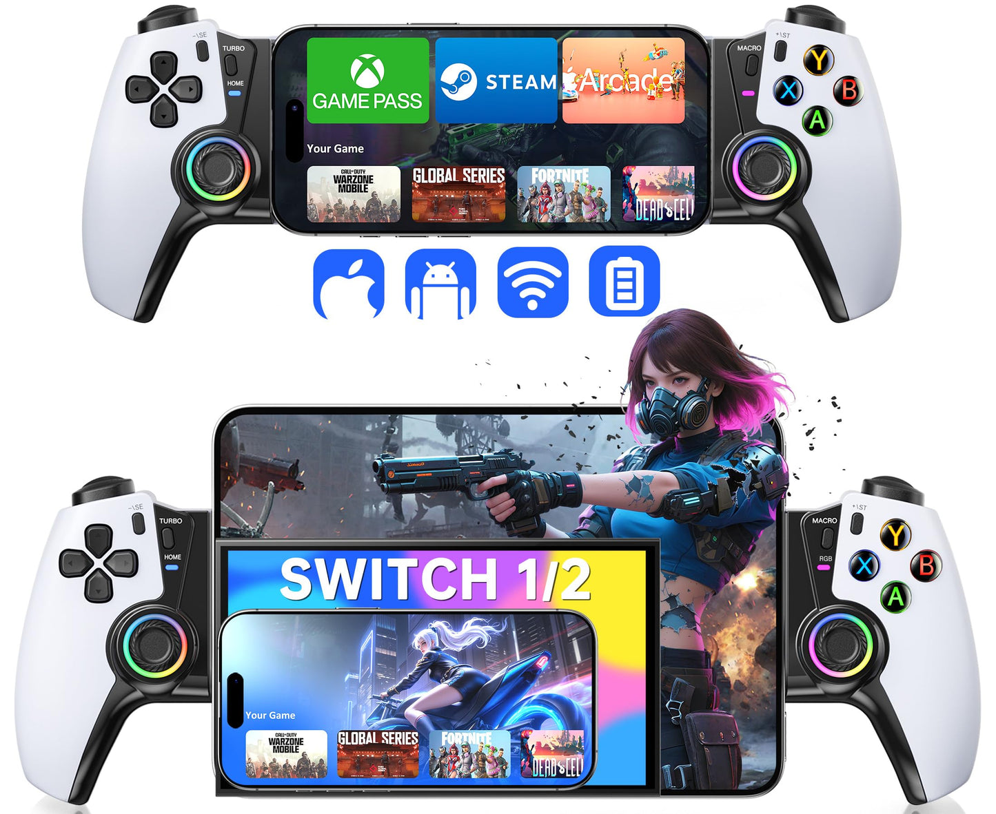 Mobile Gaming Controller for iPhone 15/16 Series/Android/Switch 2/Switch/OLED/iPad Mini Wireless Phone Controller with Hall Joysticks/Hall Triggers/LED Support Xbox Cloud Steam Link Call of Duty