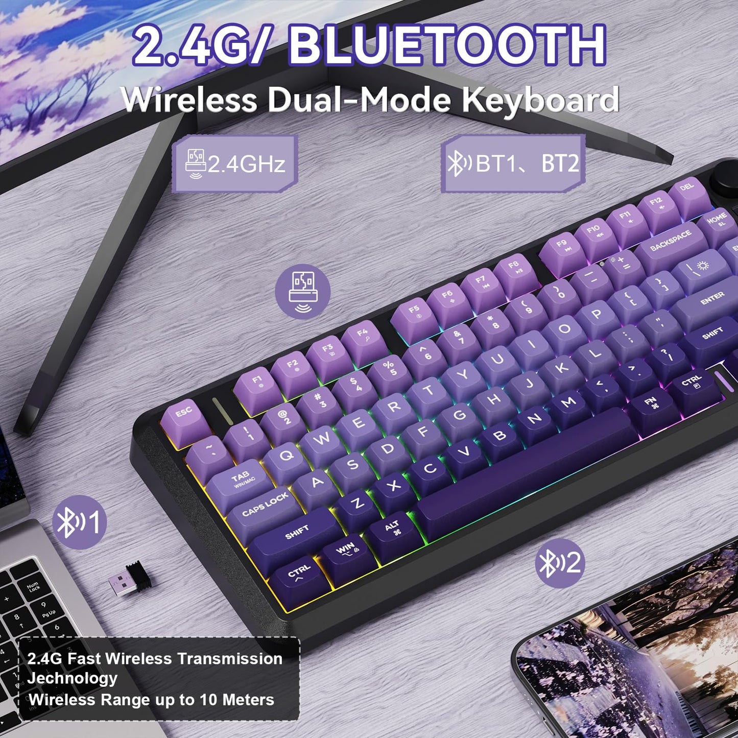 ZIYOU LANG M75 Wireless Gaming Keyboard, RGB Backlit, Rechargeable 2000mAh, PBT Keycaps, Grape Purple