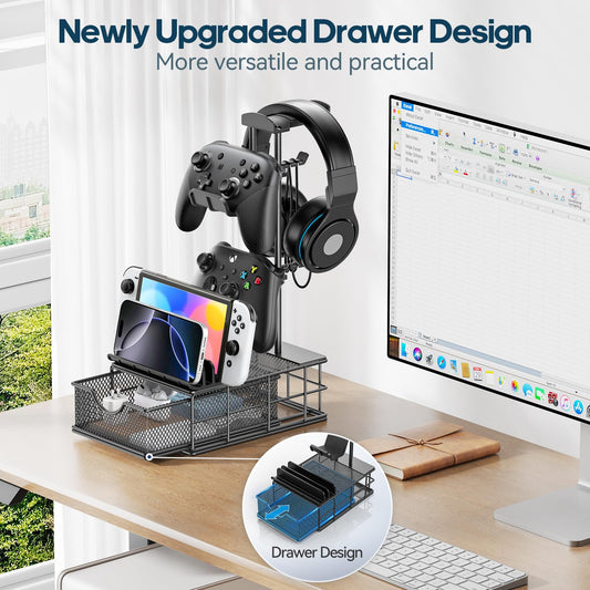 KDD Headphone Stand with Drawer - Aluminum Earphone Holder, Cable Organizer, Black
