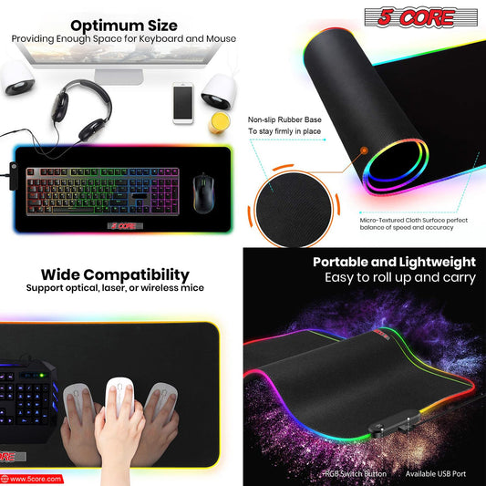5 CORE RGB Gaming Mouse Pad - Large 31.5x11.8" with 12 Lighting Modes, Stitched Edges, Non-Slip Rubber Base, Model KBP 800 RGB