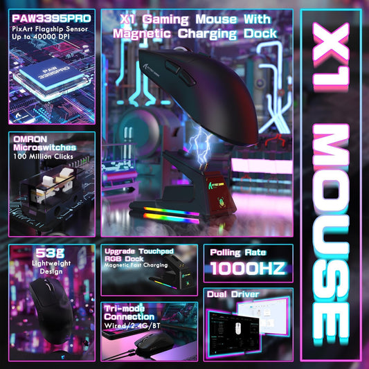 ATTACK SHARK X1 Ultralight Wireless Gaming Mouse - 40000DPI, RGB Charging Dock, Optical Switch, Black