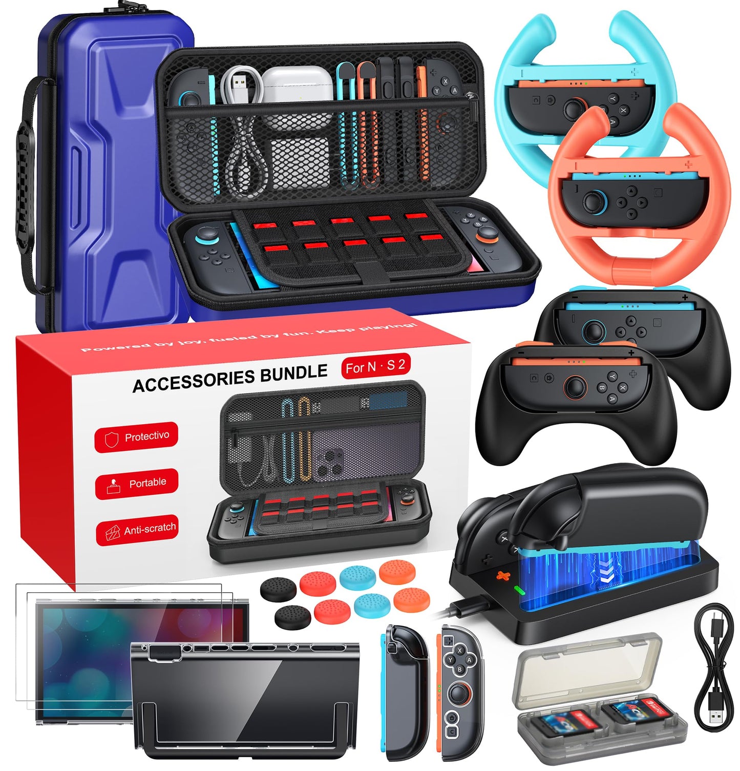 Switch 2 Accessories Bundle 20 in 1 Game Kits Hard Shell Carrying Case Switch 2 Controller Charger Screen Protector Grips for Joy Con Steering Wheels for Mario Kart Clear Protective Cover Case(Gift Pack) (Blue)