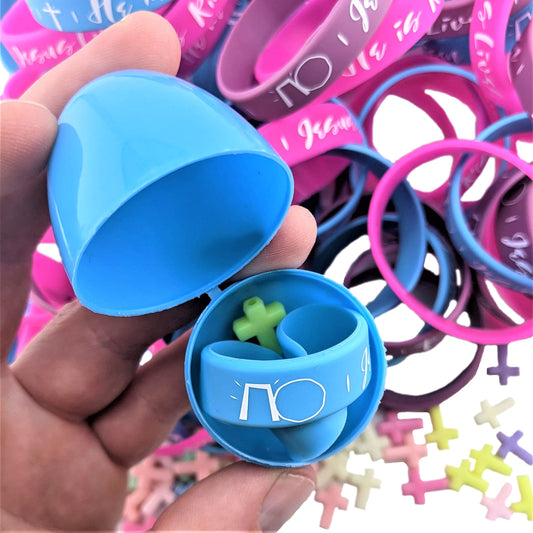 Yabber Easter Filler Egg Set - 50 Pack ALIVE Edition with Silicone Bracelets, Mini Cross Pendants, and Stickers for Ages 2-12