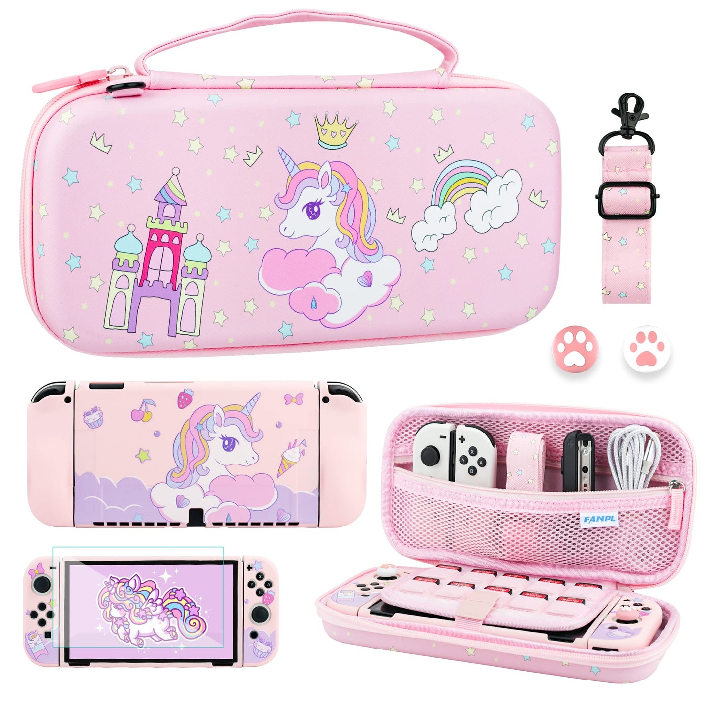 FUNDIARY Pink of Unicorn Carrying Case for Nintendo Switch OLED Cute Case Bundle Accessories with Storage Travel Bag Soft TPU Cover Skin Screen Protector and 2 Thumb Caps Christmas Gifts for Girls