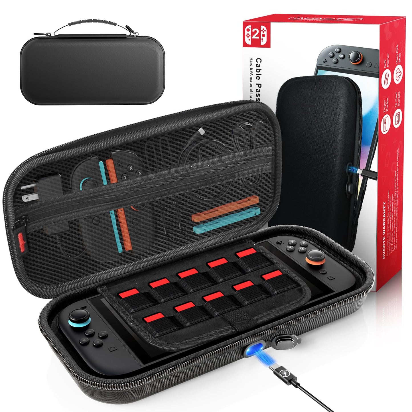 Auarte [Charge Inside Switch 2 Carrying Case for Nintendo Switch 2 Console 2025 / Switch Original/Switch OLED Slim Travel Carry Case for Switch 2 Accessories with 10 Game Card Storage (Carbon Black)