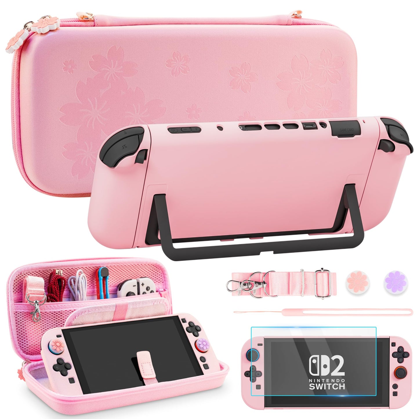 FUNDIARY Travel Carrying Case for Nintendo Switch 2 with Pink Sakura Design Shockproof Bundle Kit with Portable Storage Carry Bag Switch 2 Pink Case Screen Protector Shoulder Strap and 2 Thumb Cap