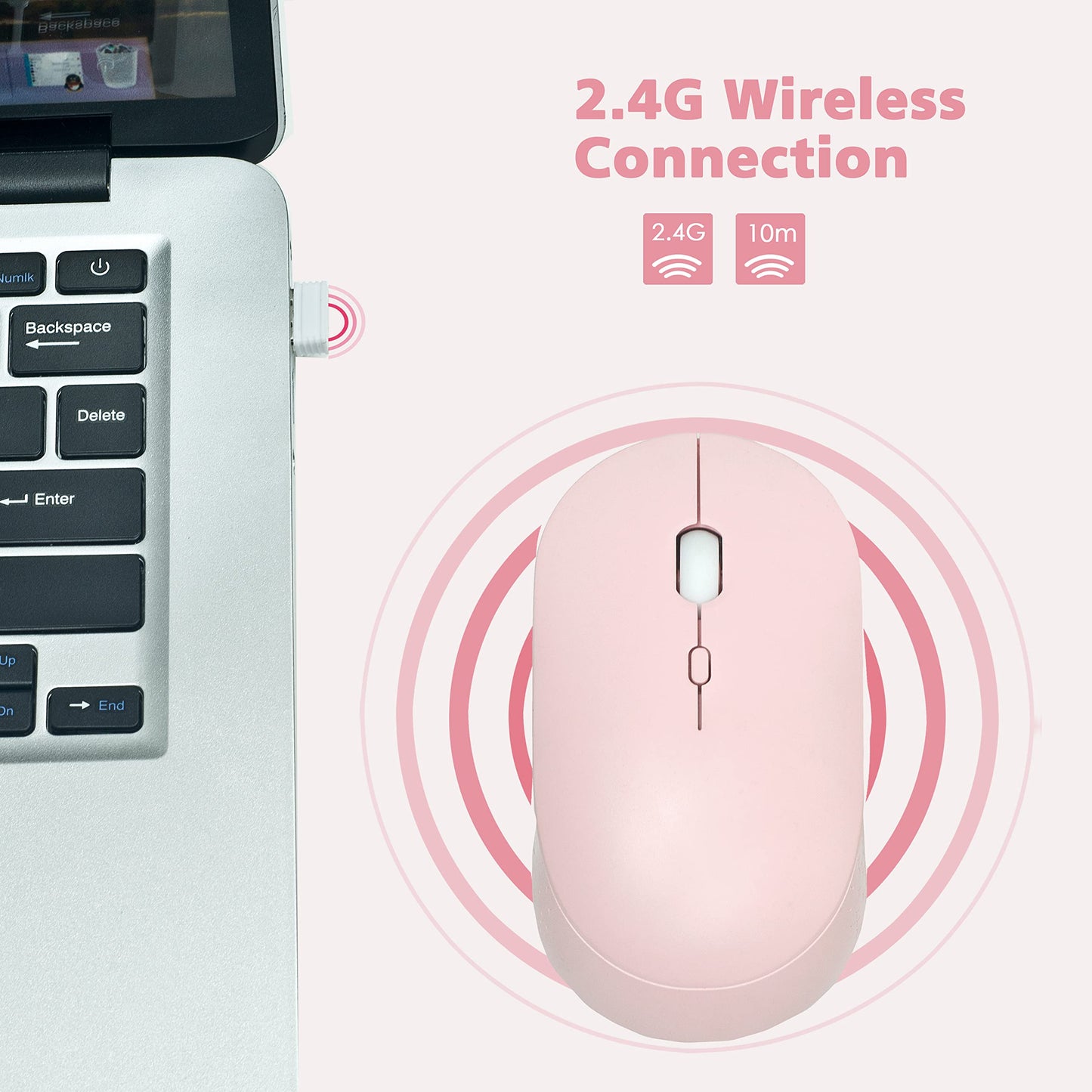 YUMQUA Wireless Mouse WM102 - Slim 2.4G Optical Silent Mouse for Laptop, Chromebook, PC - Pink