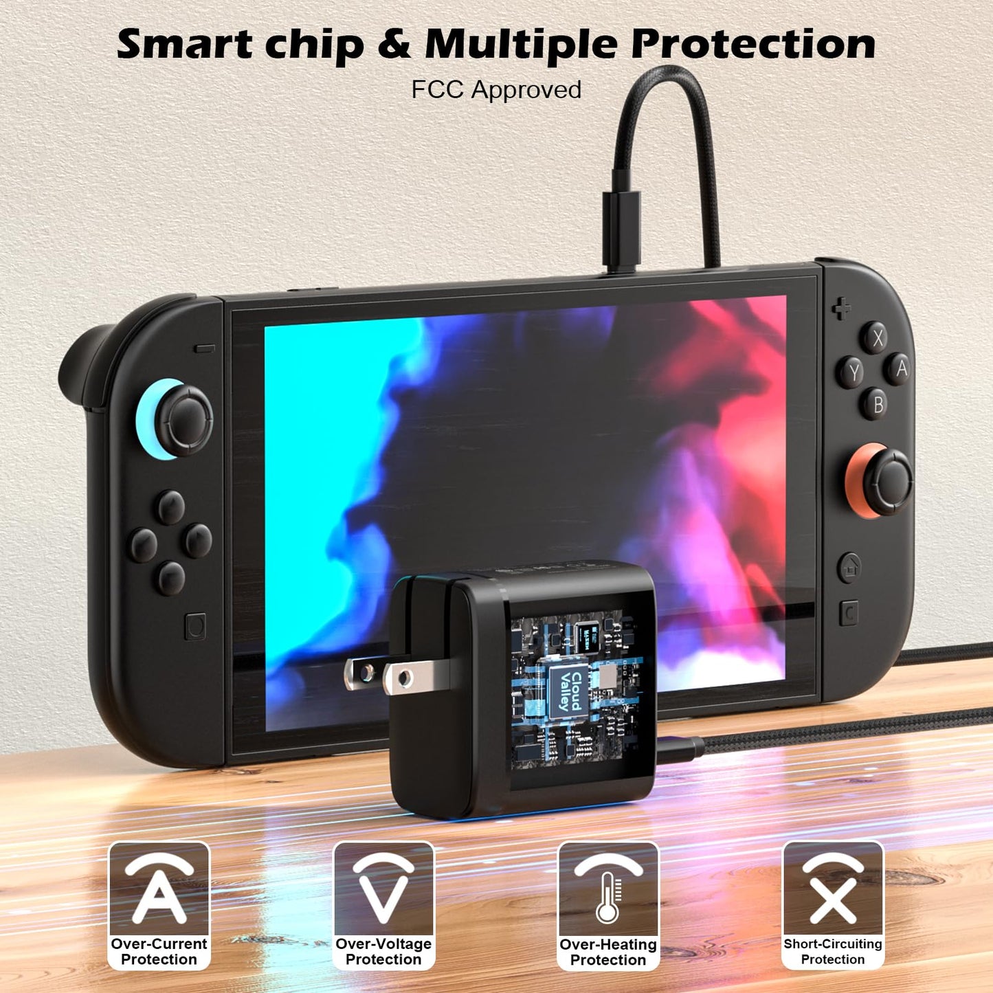 CloudValley 65W AC Charger for Nintendo Switch & Steam Deck - GaN PD Fast Charging, Foldable US Plug, 5FT Cable, Black