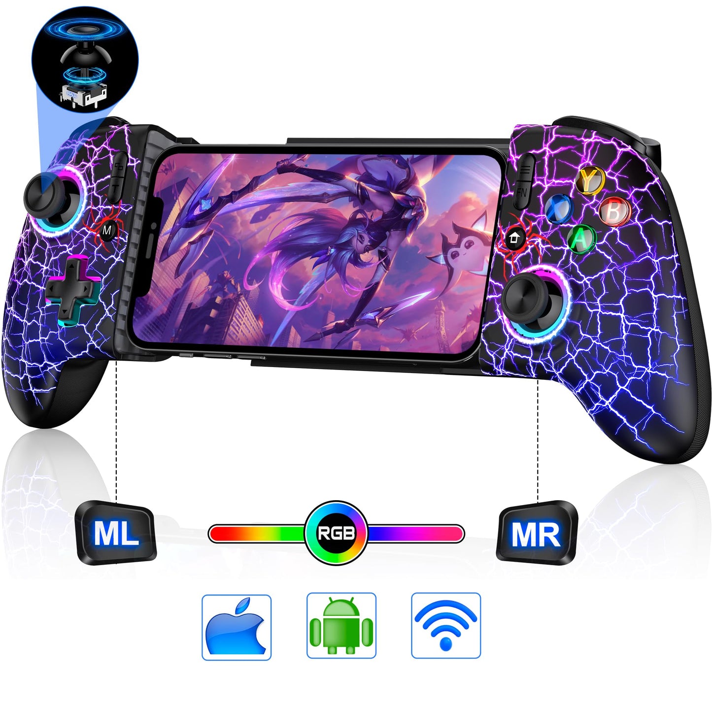 Full-Size Gaming Phone Controller for iPhone 15/16 Android Phone Tablet Bluetooth Mobile Gamepad with Hall control button/Joysticks for Roblox Genshin Impact Call of Duty Handheld-Quality Black