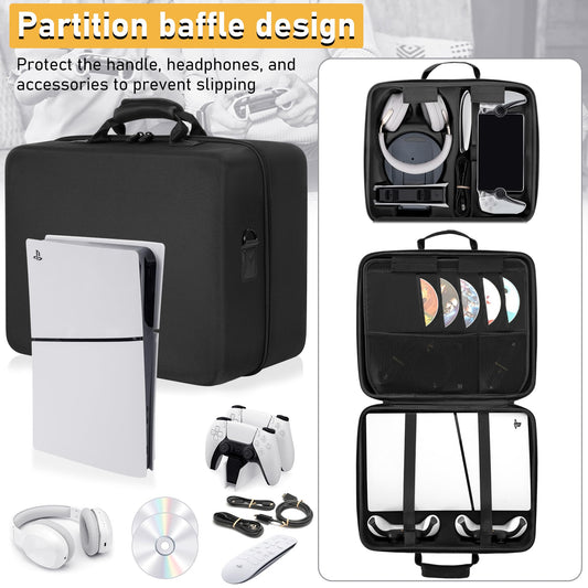 OUUTMEE Hard Shell Carrying Case for PS5 Slim - Black Travel Bag for Console, Games, Headset & Accessories - Model V49-PS5 Slim