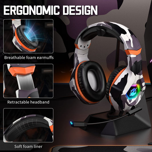 Ozeino Gaming Headset - 7.1 Surround Sound, Noise Cancelling Mic, RGB Light, Over Ear, Camo, Model ZW1 for PC, PS4, PS5,