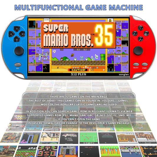 FAITDER X12 Plus 7-Inch HD Handheld MP5 - 10000+ Games, Dual Joystick, Blue & Red
