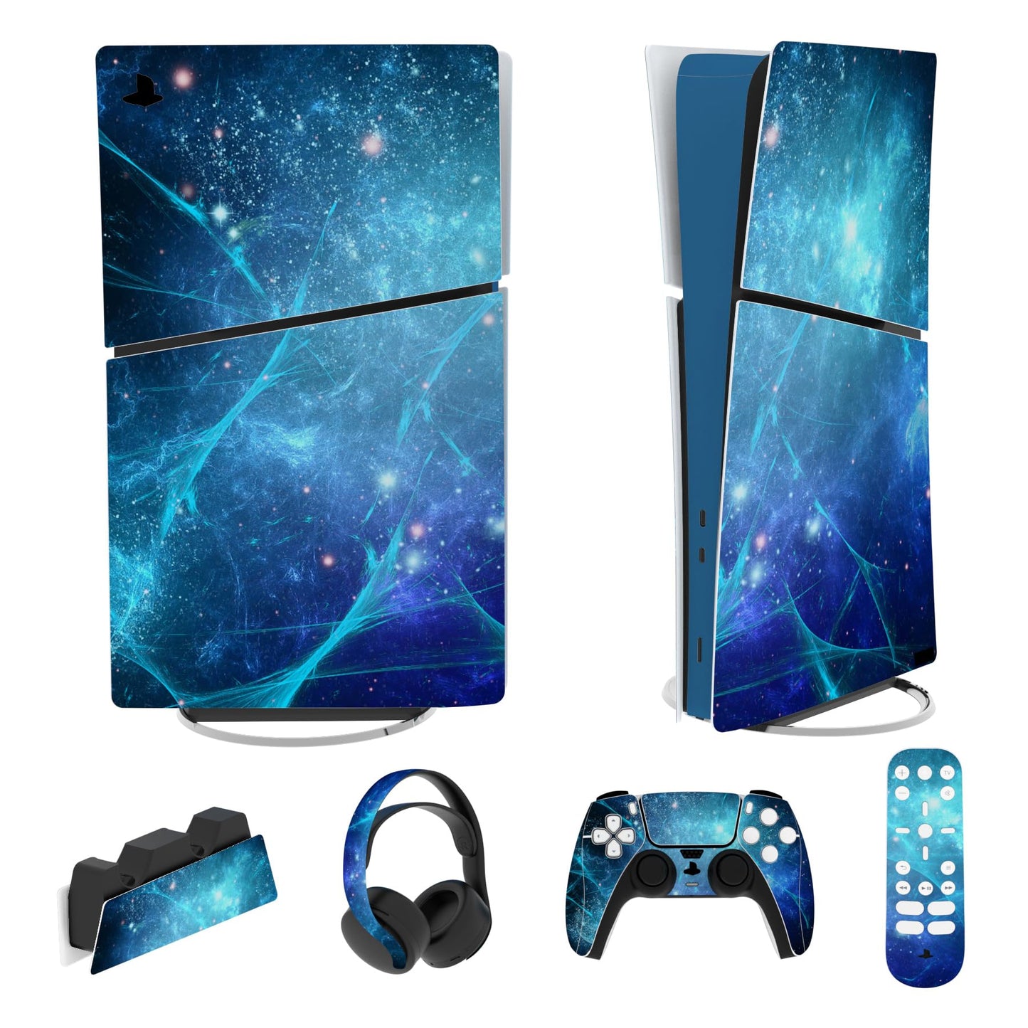 PlayVital Full Set Skin Sticker for ps5 Slim Console Digital Edition (The New Smaller Design) Vinyl Skin Decal Cover for ps5 Controller & Headset & Charging Station & Media Remote - Blue Nebula