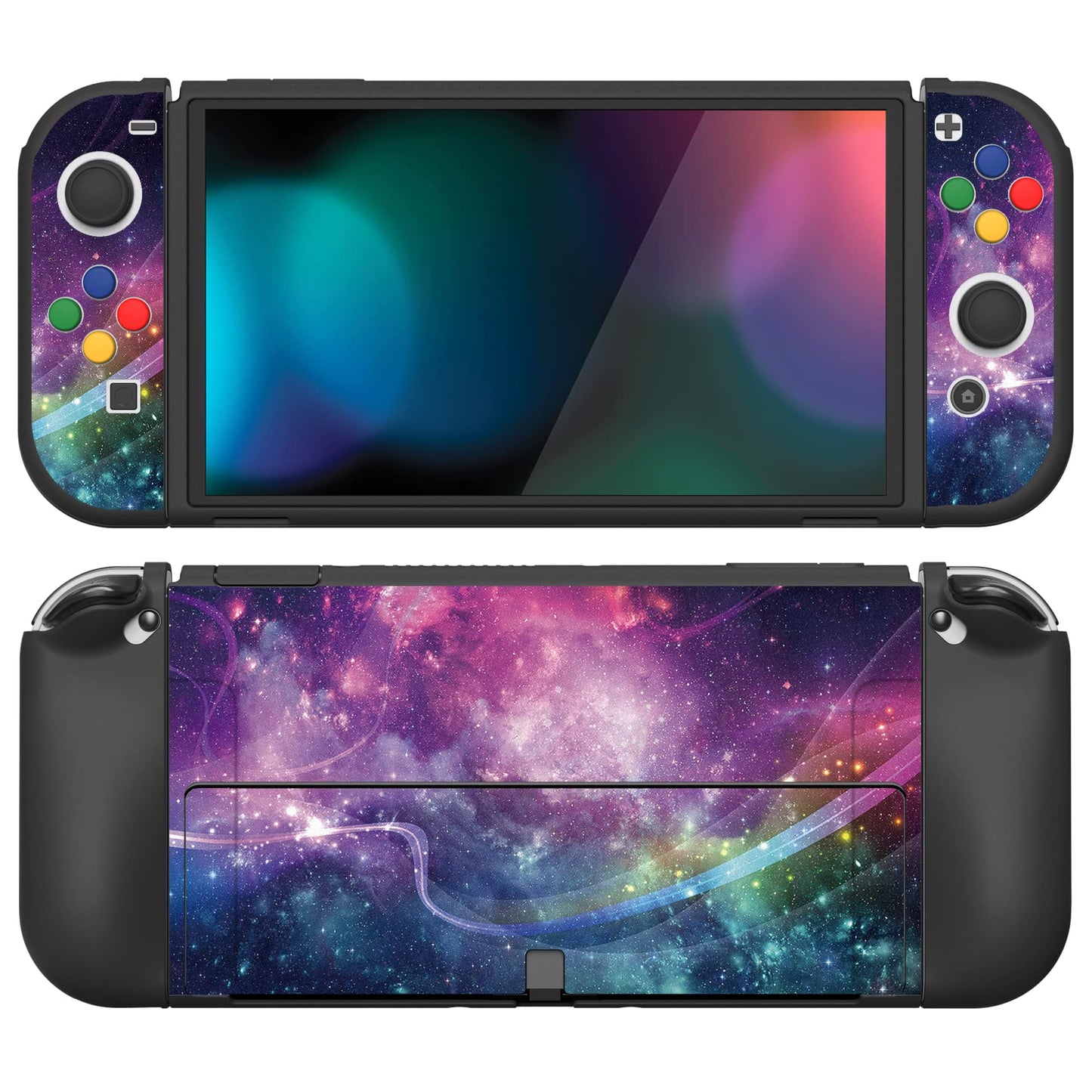 PlayVital ZealProtect Soft Protective Case for Nintendo Switch OLED Flexible Protector Joycon Grip Cover for Nintendo Switch OLED with Thumb Grip Caps & ABXY Direction Button Caps - Purple Galaxy
