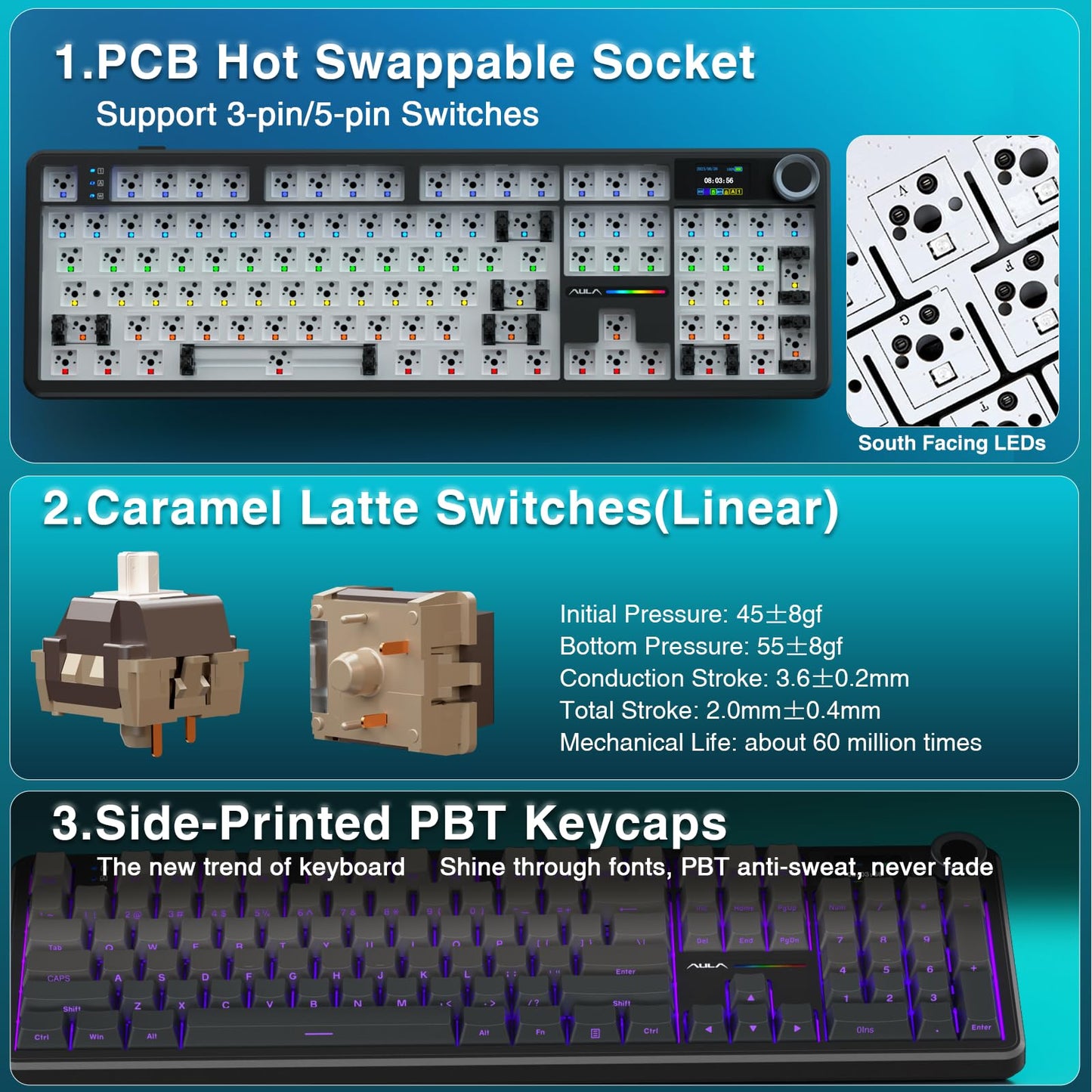 AULA F108 PRO Wireless Mechanical Keyboard, RGB Backlit, 8000mAh Battery, Gradient Black, Hot Swappable, Full Size