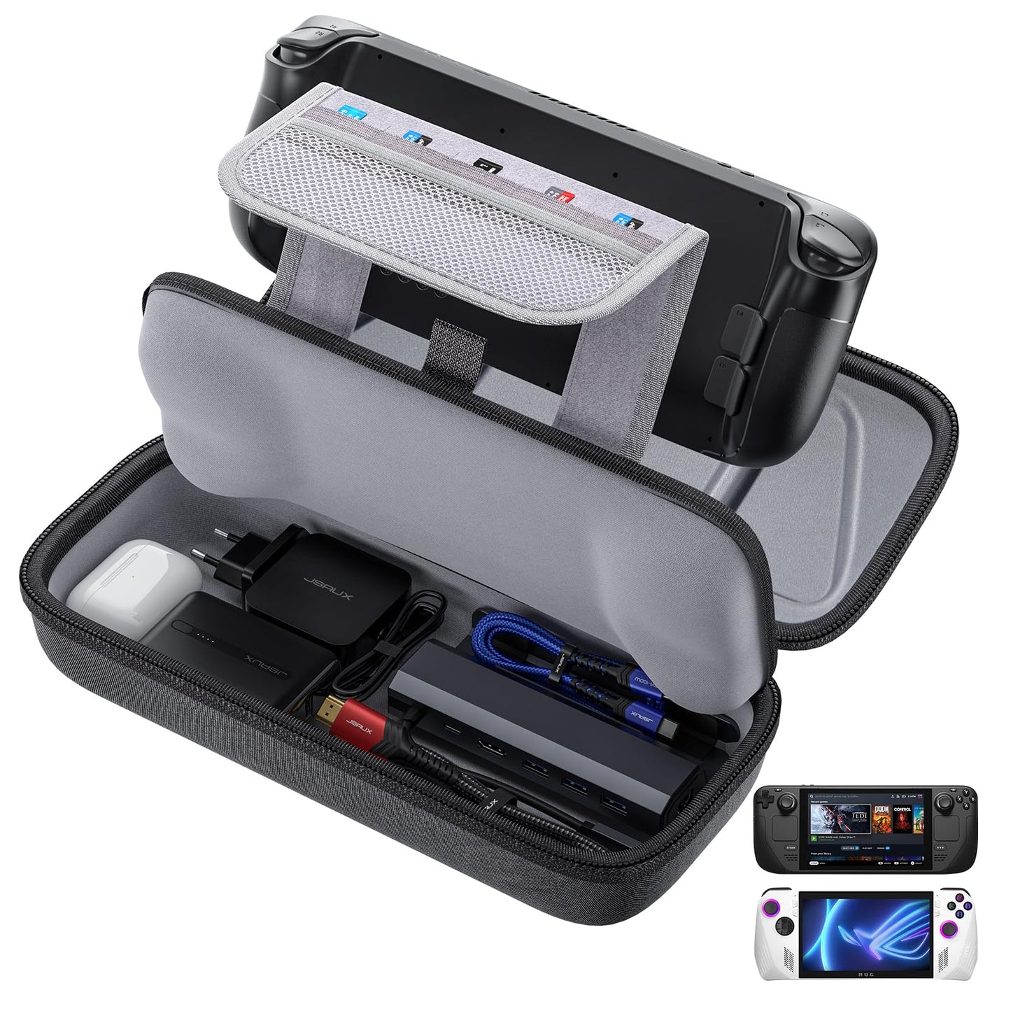 JSAUX Carrying Case Compatible with Steam Deck & ROG Ally Protective Hard Shell Carry Case Built-in Charger & Docking Station Storage Portable Tpartyl Case for Steam Deck OLED & Accessories - BG0106A