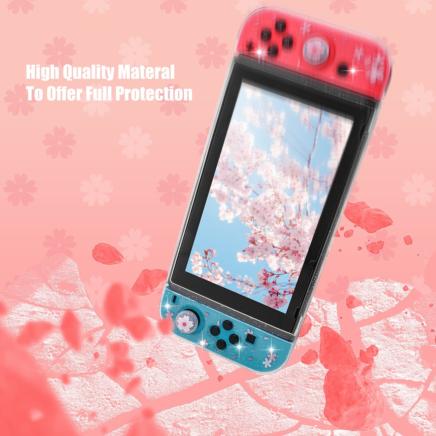ECHZOVE Switch Clear Glitter Case - Cherry Blossom Design with Cat Pattern, TPU Material, Includes 2 Thumb Grips & Tempered Glass Protector