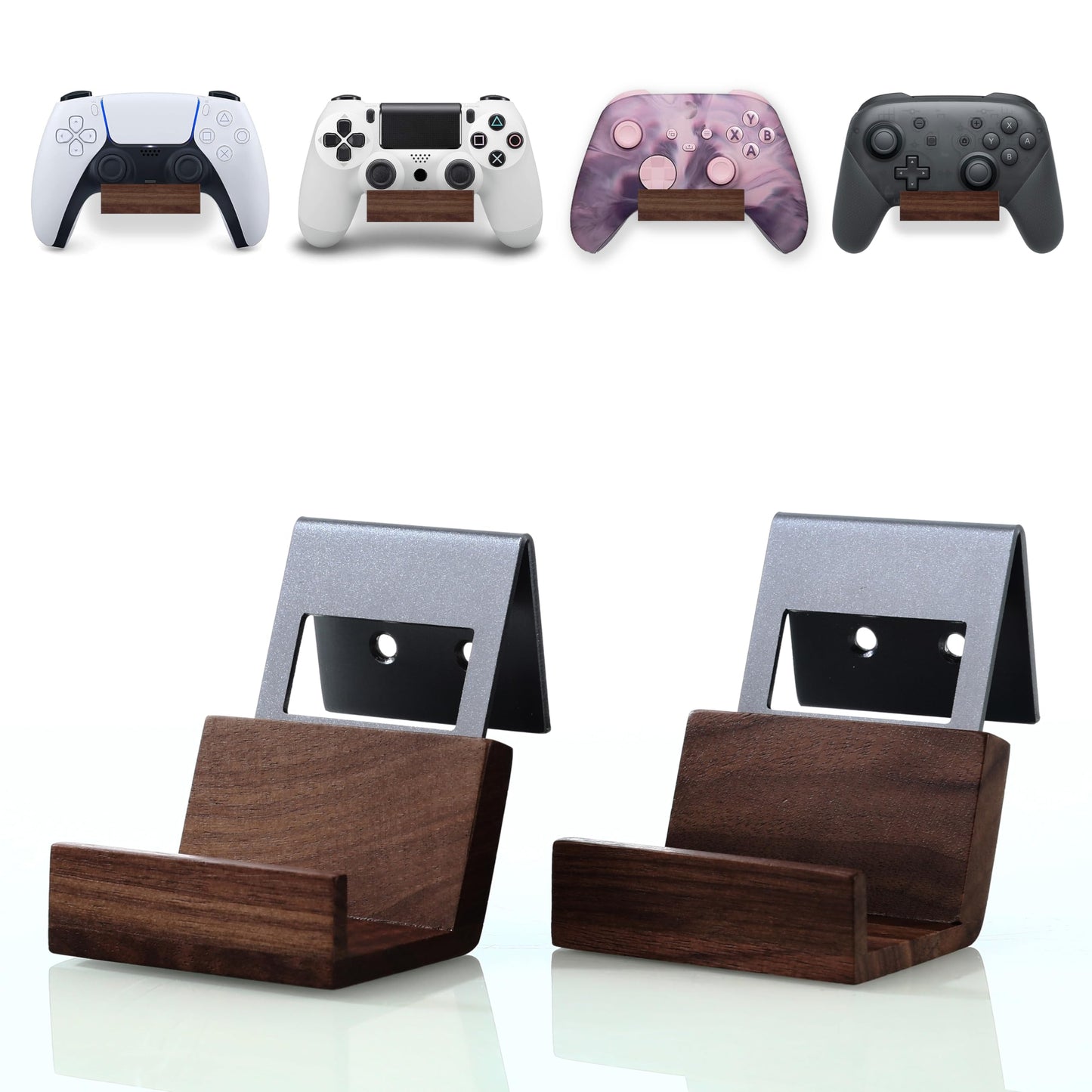 NIRVASH Walnut Controller Wall Mount Wood Game Controller Holder Stand & Headphone Hanger Controller & Headset Stand for Xbox PS5 Remote Gamer Gifts for Men (2 Pack Grey)