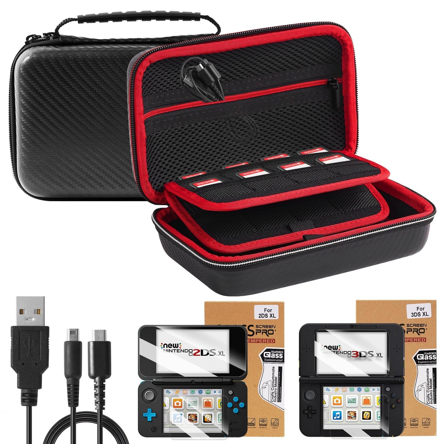 Jekarsy Three-in-One Kit for Nintendo 2DS XL/ 3DS XL Anti-Collision Carrying Case with EVA Material Covered 2 Pack HD Front and Back Screen Protectors(3ds xl screen protector+ 2ds xl screen protector) 2 in 1 Usb Cable