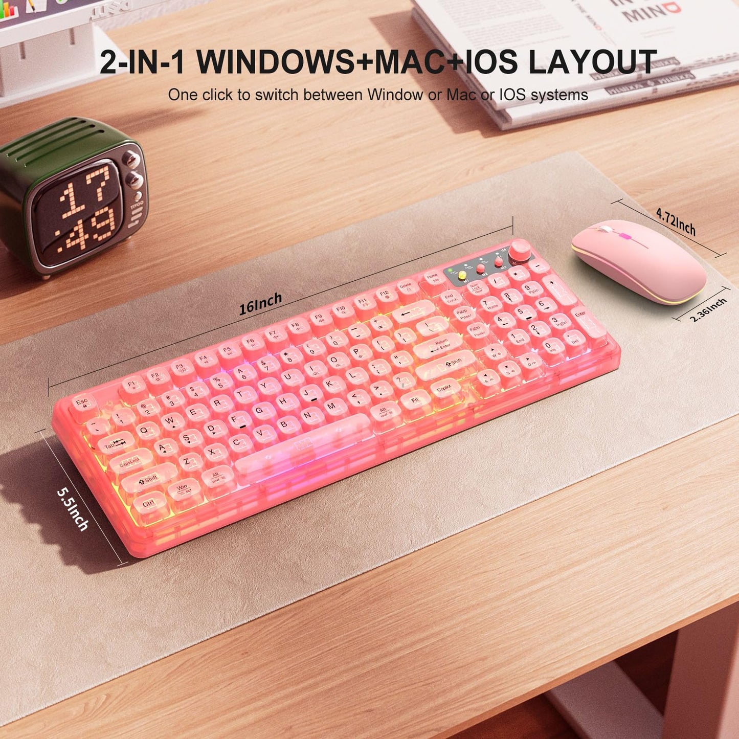 BAIHUAFRU Wireless Backlit Keyboard and Mouse Set, Full Size, Pink, 2.4GHz, Rechargeable, 15 Backlight Effects, RGB Mouse, Volume Knob