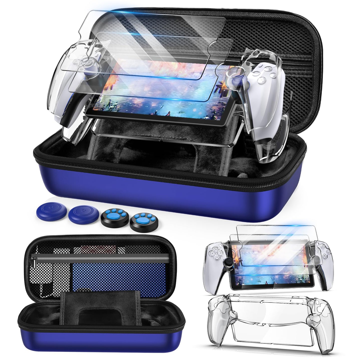 Auarte 12 in 1 Accessories Set for PlayStation Portal Remote Player Hard Carrying Case for PS Portal with Clear Skin Case for PS5 Portal 2 Screen Protector with 4 Thumb Grip Indigo Blue