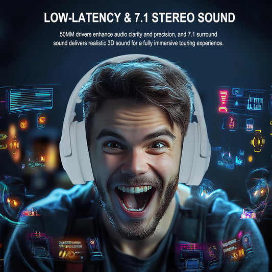 YOTMS Wireless Gaming Headset Q6 - Noise Canceling Mic, 30H+ Battery, 7.1 Surround Sound, Beige - Compatible with PS5, PS4, PC, Switch