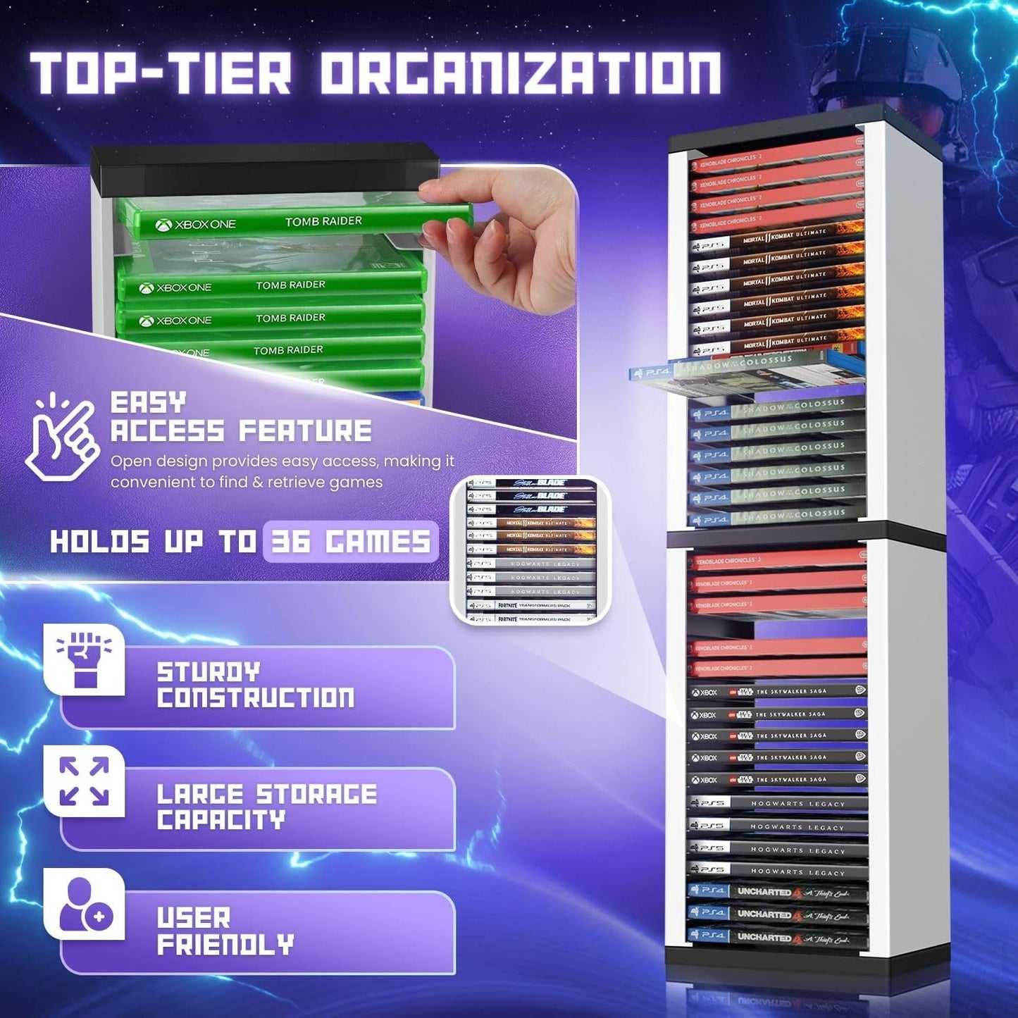 TNP Universal Video Game Storage Tower - Holds 36 Discs, White, Durable ABS for PS5, PS4, Nintendo Switch, Xbox Series S/X