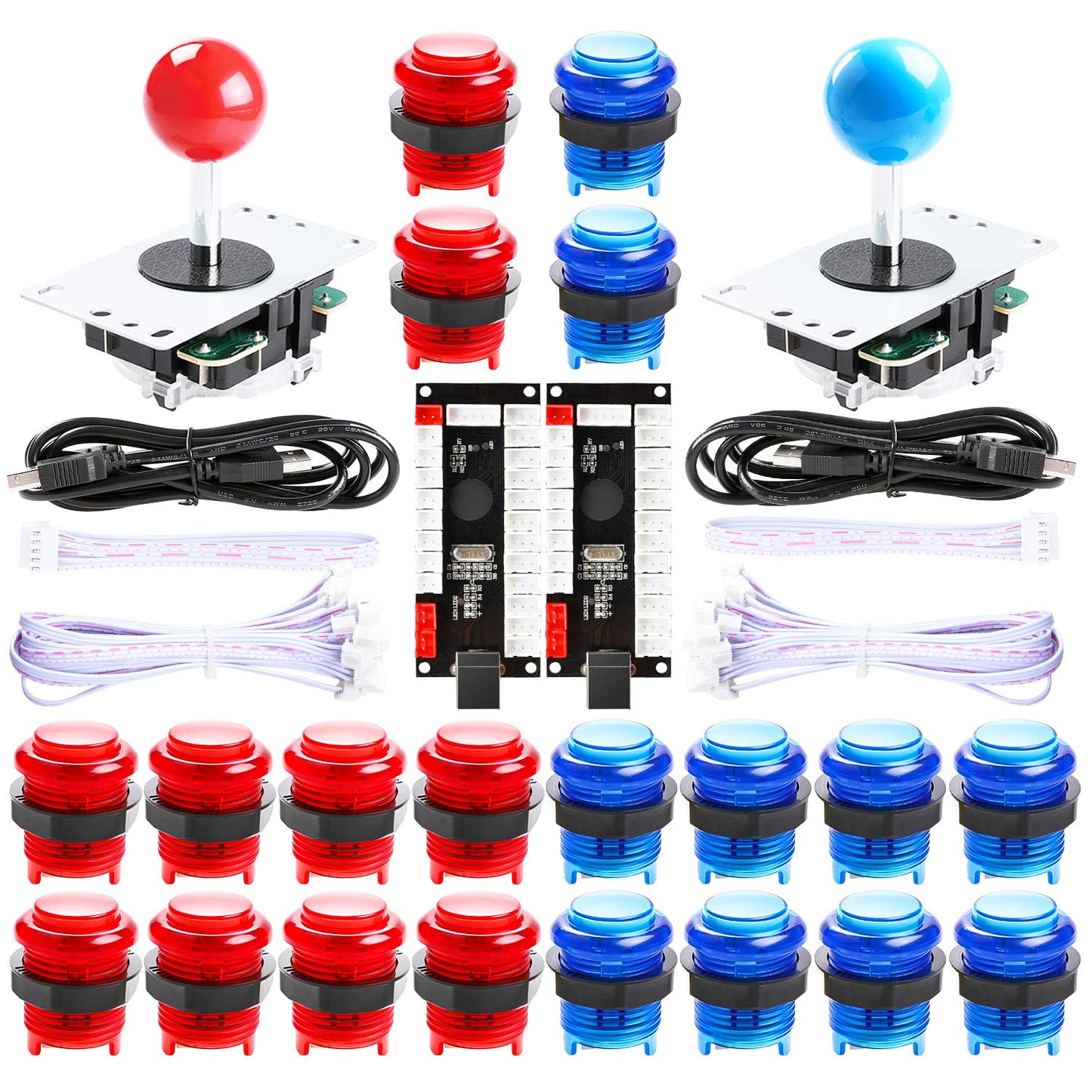 Qenker 2-Player LED Arcade DIY Kit for USB MAME PC Game DIY & Raspberry Pi Retro Controller DIY Including 2X Arcade Joystick 20x LED Arcade Buttons 2X Zero Delay USB Encoder (Blue & Red)