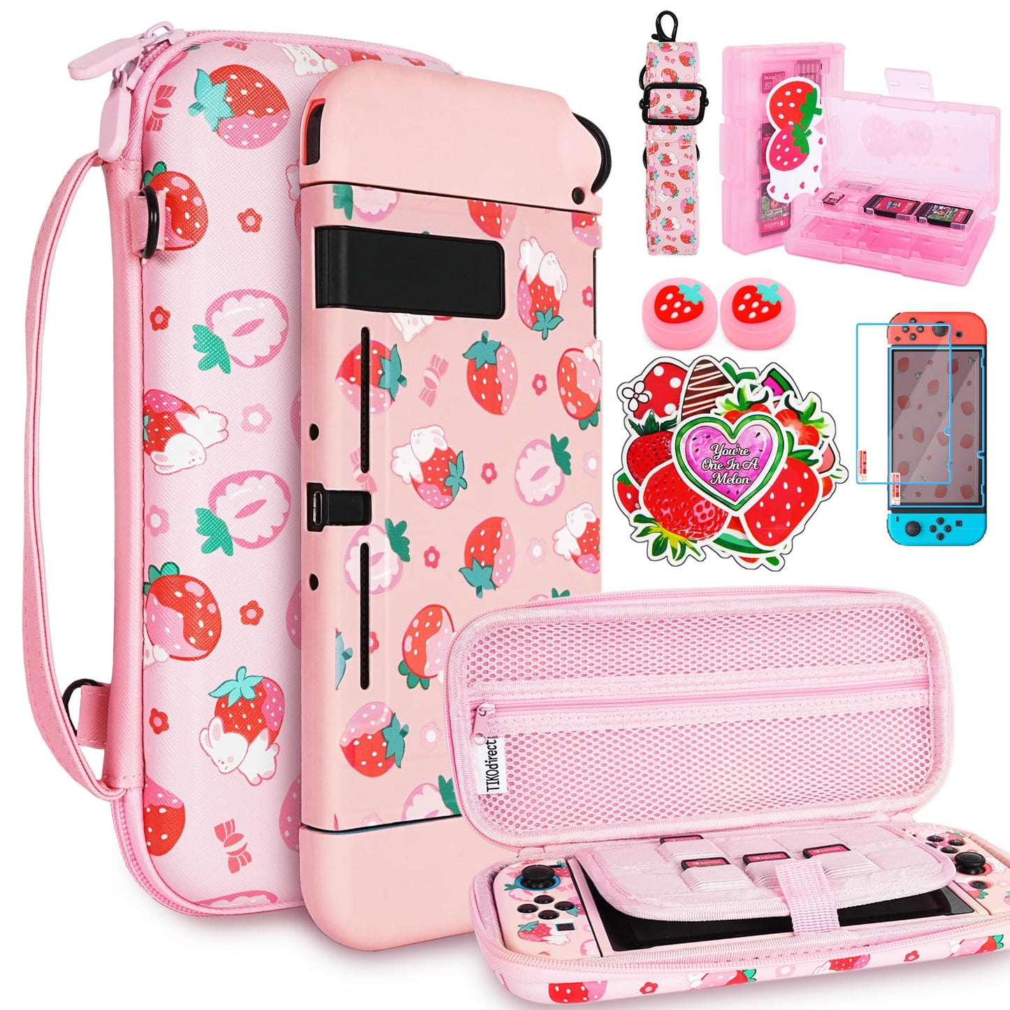 TIKOdirect Carrying Case for Switch Cute Portable Travel Bag Accessories with Soft Protective Cover Screen Protectors and Thumb grip caps Game Card Case 7in1 Pink
