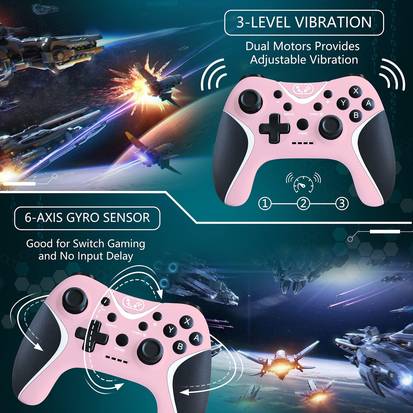 BRHE Wireless Switch Controller - Pink Pro Gamepad for Nintendo Switch/Lite/OLED/PC with Vibration, Turbo & Programmable Features