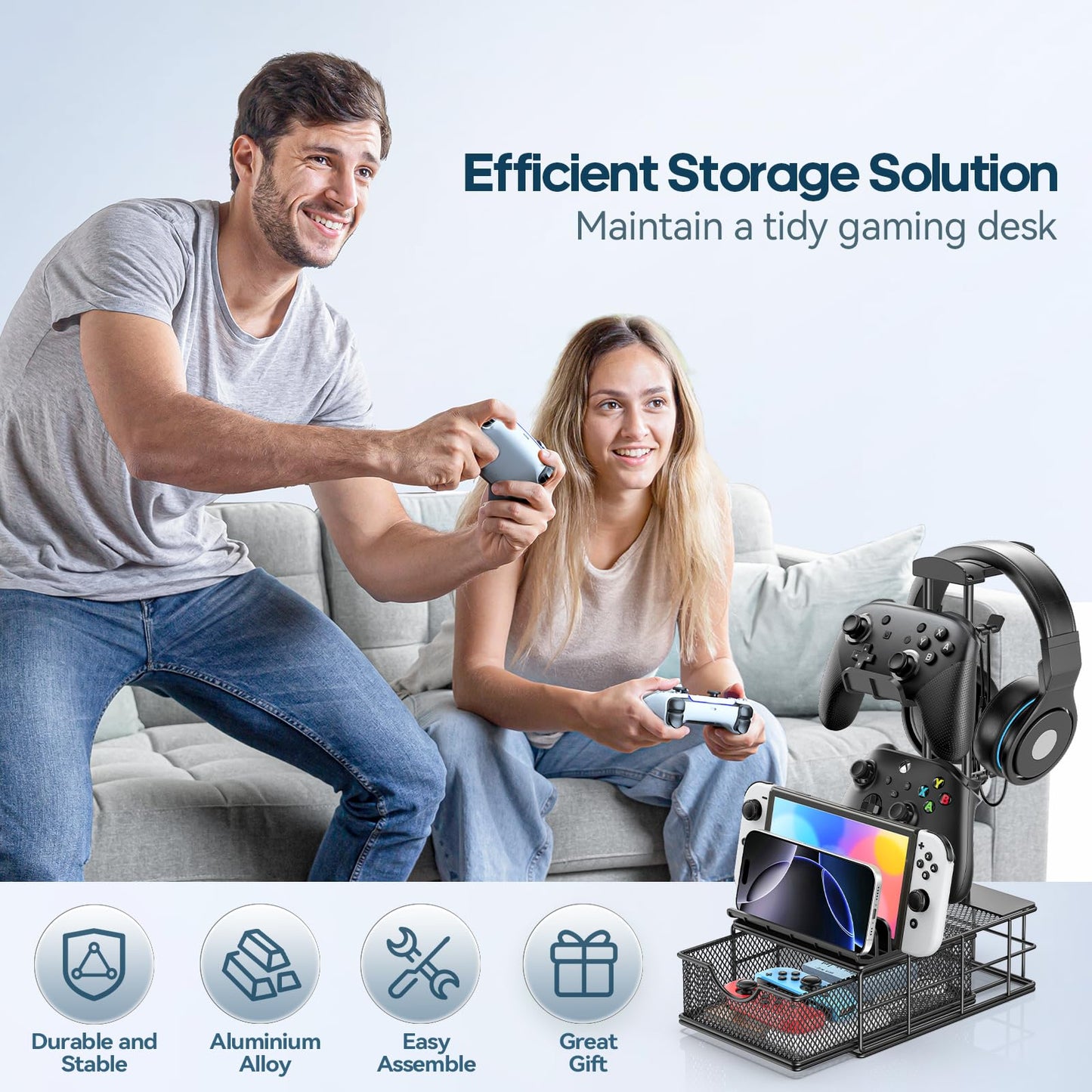 KDD Headphone Stand with Drawer - Aluminum Earphone Holder, Cable Organizer, Black