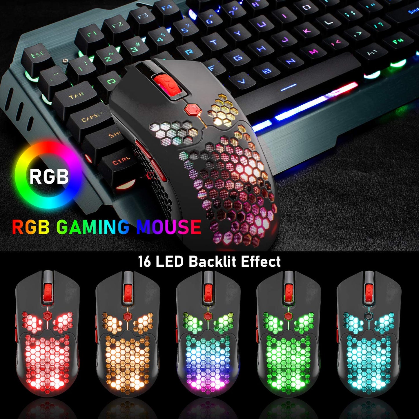 ZIYOU LANG Wired/Wireless Gaming Mouse - 16 RGB Backlit, 12000 DPI, 7 Programmable Buttons, Rechargeable, Lightweight Honeycomb - Black Red