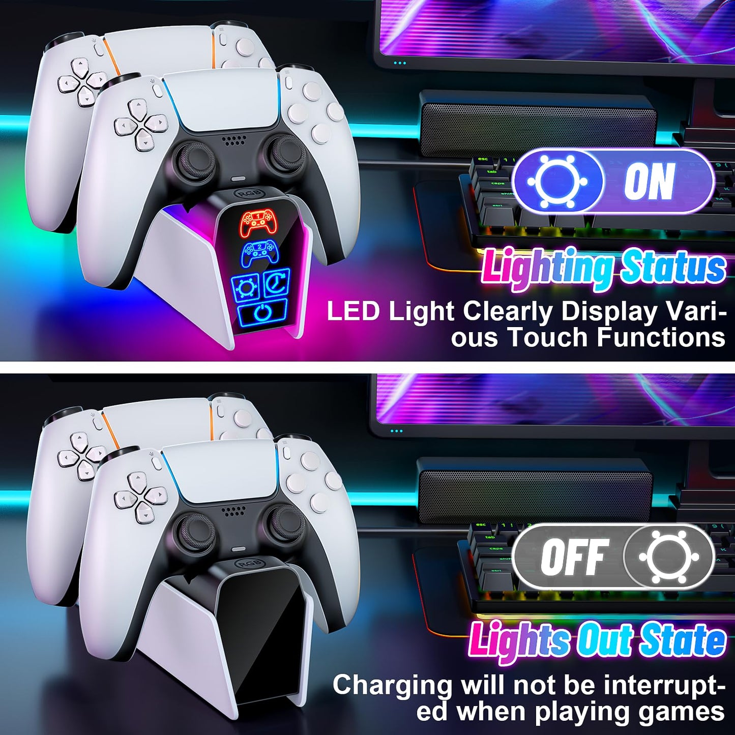 Fenolical PS5 Controller Charger Station for Dualsense & Edge - White, Small, Model HW-P9001, with Timer Function for PlayStation 5