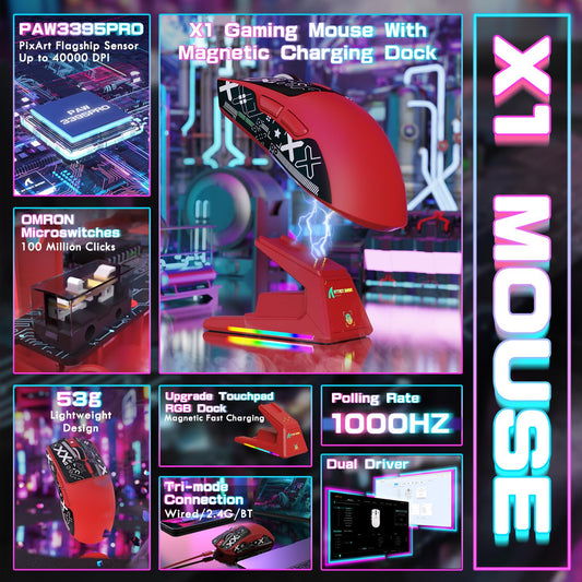 ATTACK SHARK X1 Ultralight Wireless Gaming Mouse, 40000DPI, RGB Charging Dock, Red, Anti-Slip Grip for PC/Mac Gamers