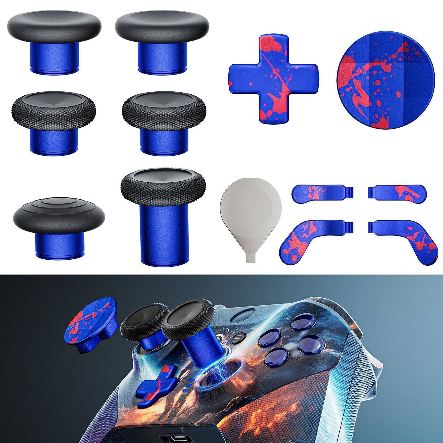 14-in-1 Controller Accessories Kit Compatible with Xbox Elite Series 2 6 Premium Metal Thumbsticks 4 Splatter-Design Paddles 2 D-Pads 1 Tool & 1 Storage Bag (Blue with Volcanic Red Splatter)