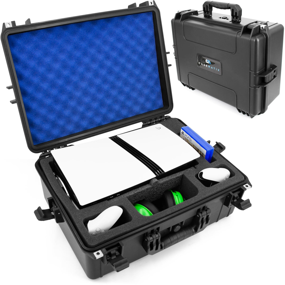CASEMATIX Tpartyl Case Compatible With PlayStation 5 & PS5 Disc Drive - Hard Shell Waterproof Case With Custom Foam for Console Controllers Stand Headset Games and PS5 Accessories