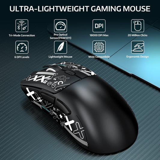 ATTACK SHARK R1 Wireless Gaming Mouse - Tri-Mode (2.4G/Wired/BT5.2), 55g, 18K DPI, Ergonomic Design, Black with