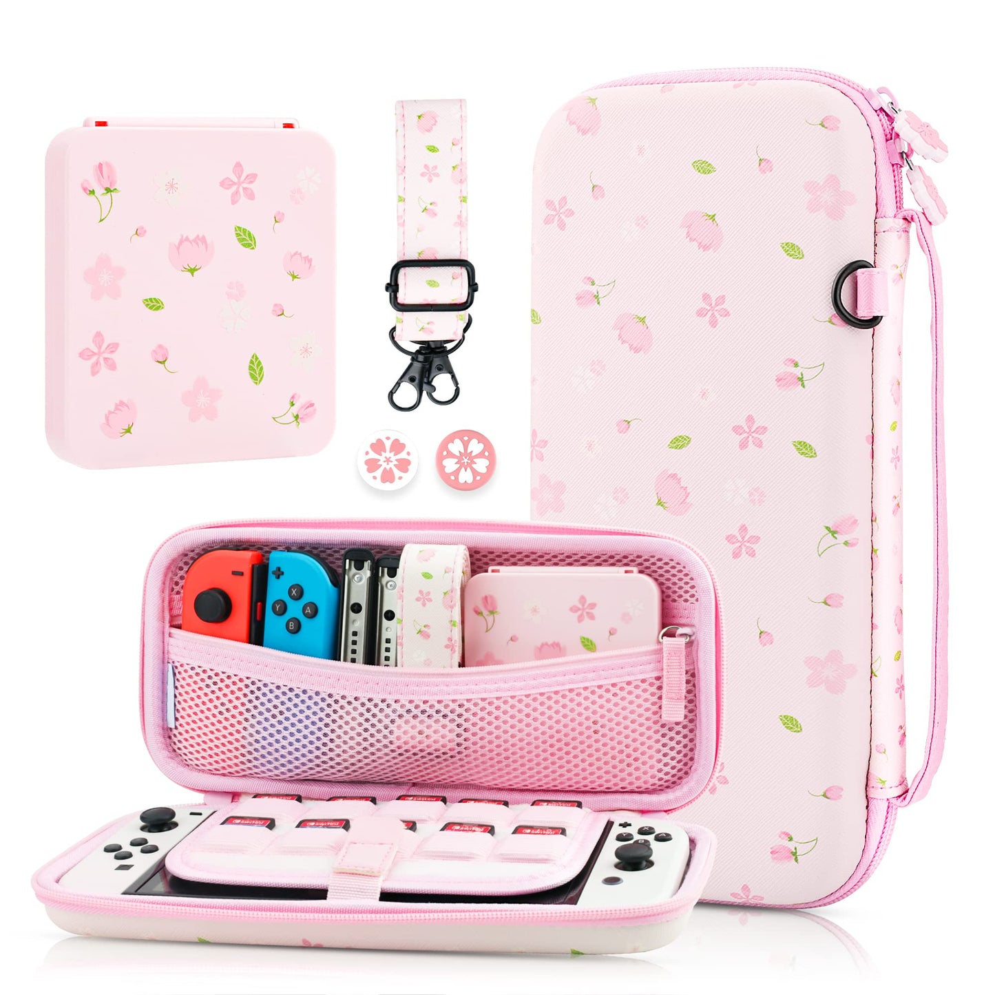 GLDRAM Pink Sakura Carrying Case Bundle for Nintendo Switch & OLED Elegant Switch Travel Case Protector for Girls Accessories Kit with Shoulder Strap Cherry Blossom Game Card Holder & Thumb Caps