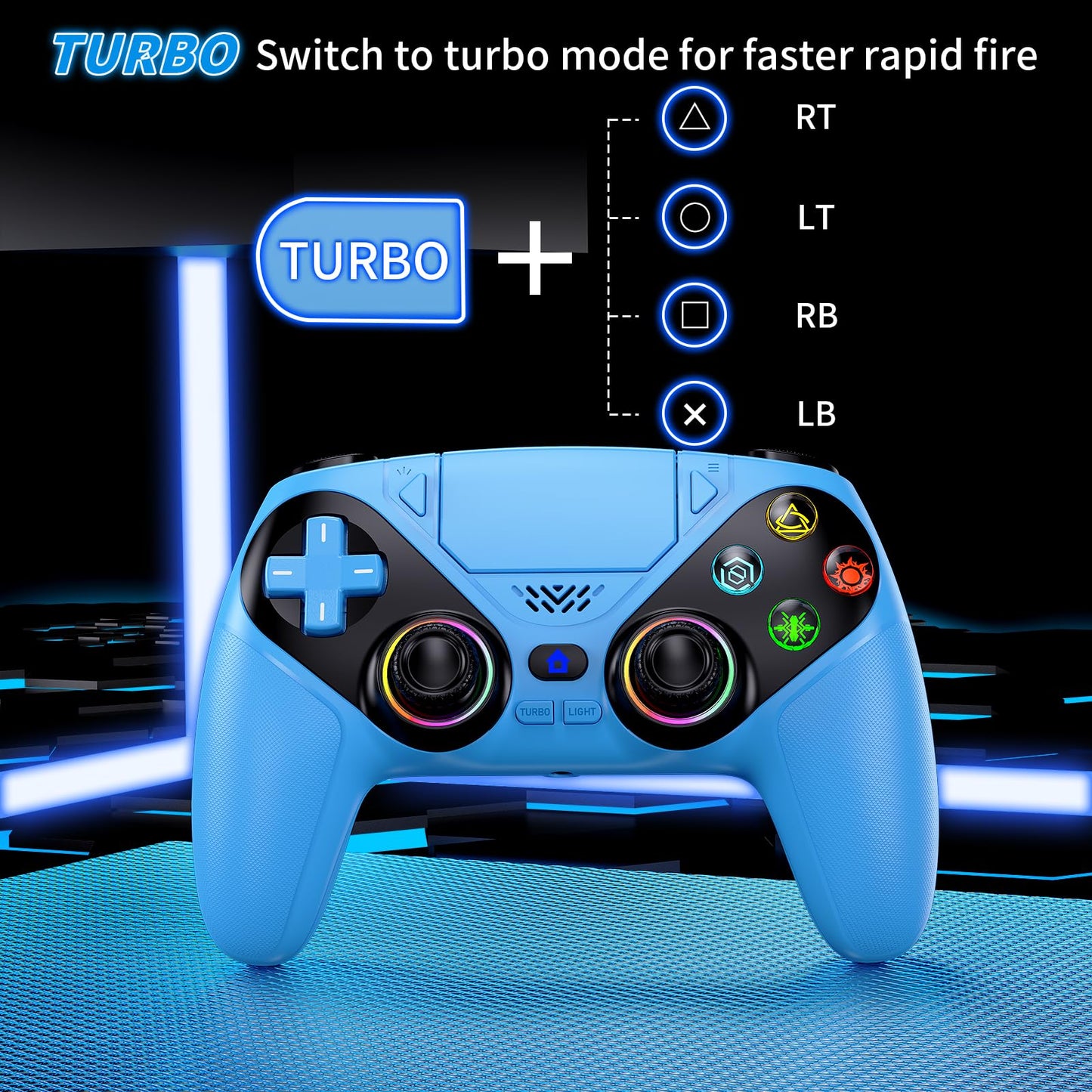Dinosoo RGB Wireless Controller for PS5, Bluetooth, Turbo, 6-Axis Motion, 3.5mm Audio Jack, Blue