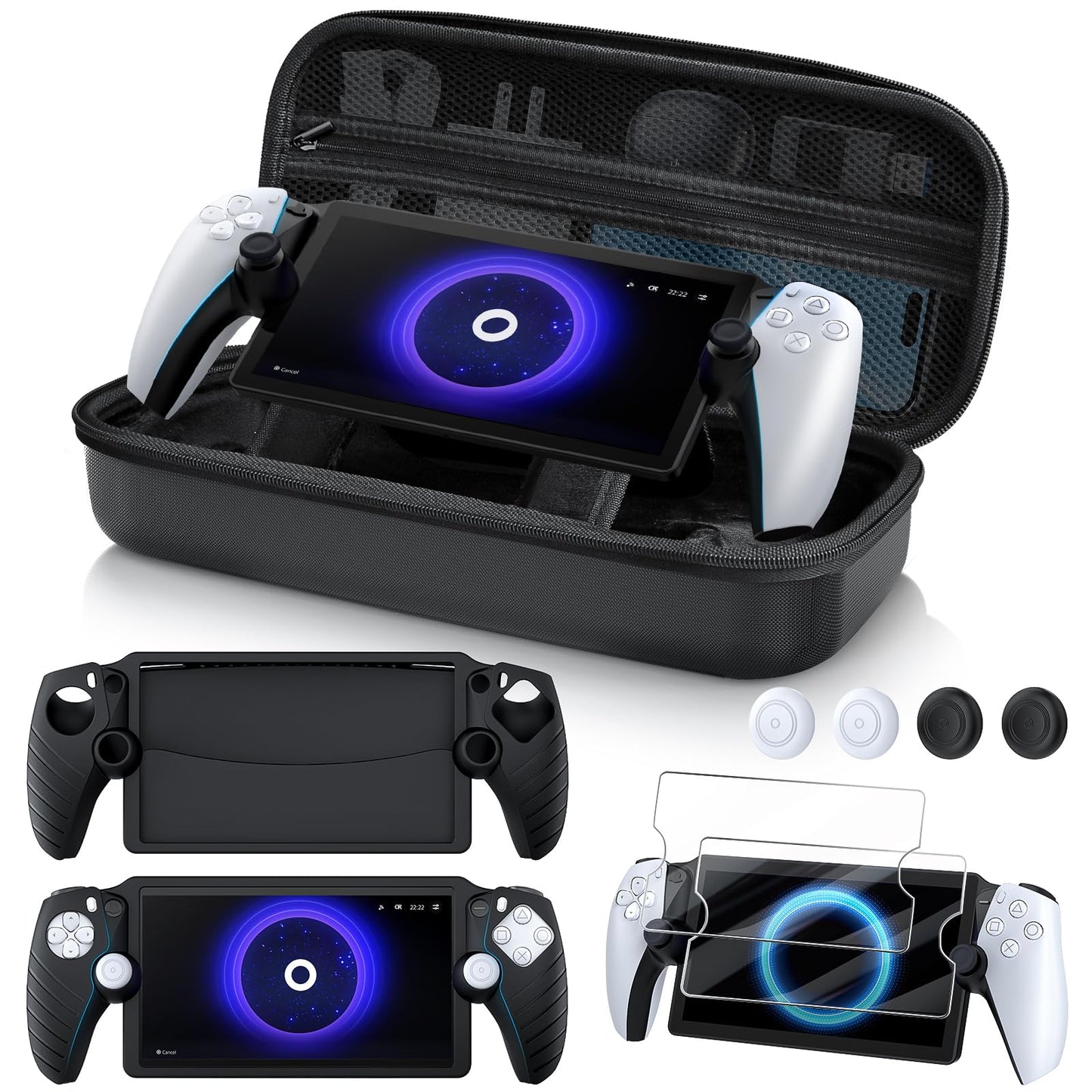 KINWIN 10 in 1 Accessories Bundle Compatible with PlayStation Portal EVA Carrying Case for PS Portal with Silicone Protective Cover 2 Pack Screen Protectors and 4 Thumb Grips for PS5 Portal Console