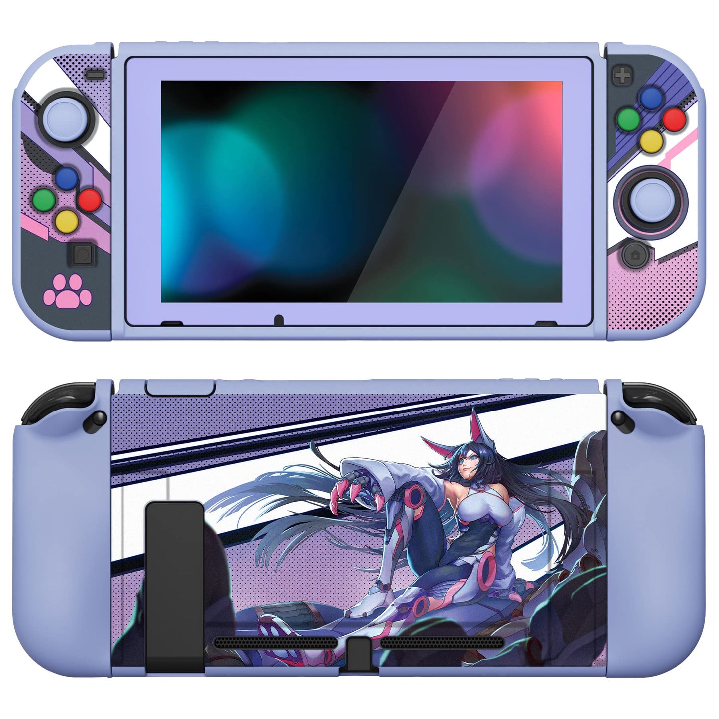 PlayVital ZealProtect Soft Protective Case for Nintendo Switch Flexible Cover Protector for Switch with Screen Protector & Thumb Grip Caps & ABXY Direction Button Caps - Neko Mecha