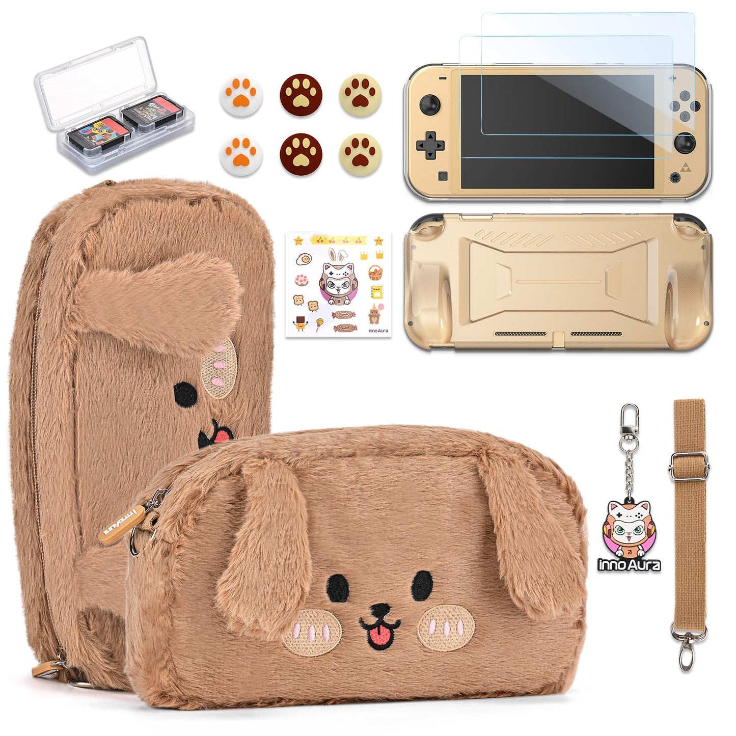 innoAura Switch Lite Case 14 in 1 Switch Lite Accessories Bundle with Cute Switch Lite Carrying Case Switch Lite Screen Protector Switch Game Case Switch Thumb Caps (Brown Dog)