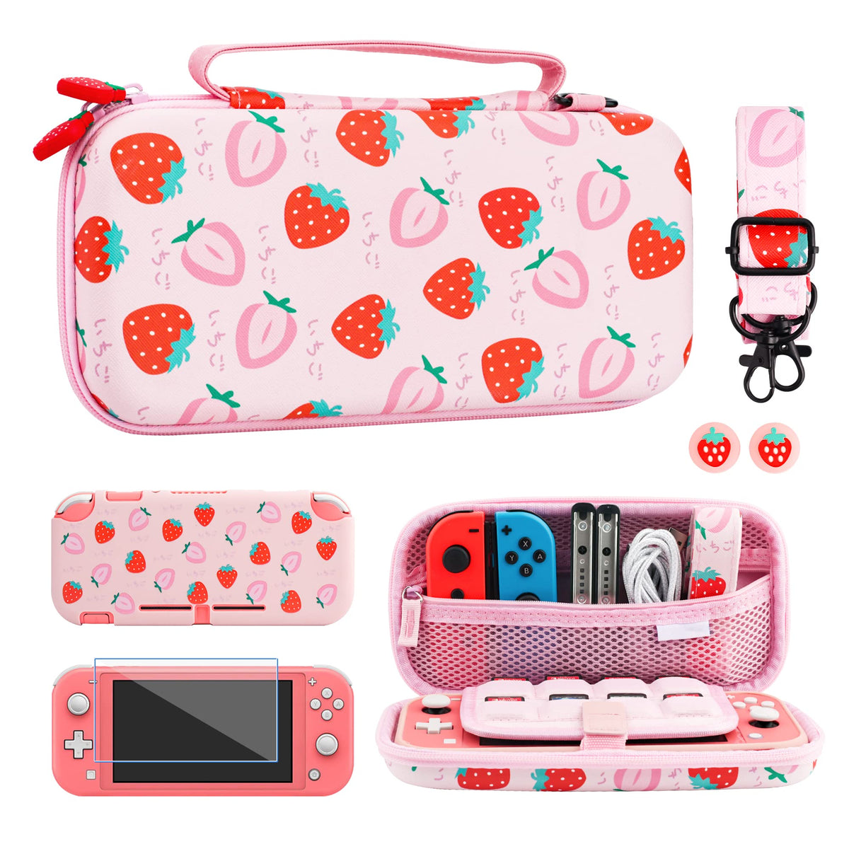 FUNDIARY Tpartyl Carrying Case for Nintendo Switch Lite with Strawberry Design Pink Accessories Kit with Slim Potrable Storage Bag Soft TPU Cover Case Shoulder Strap Screen Protector & 2 Thumb Caps