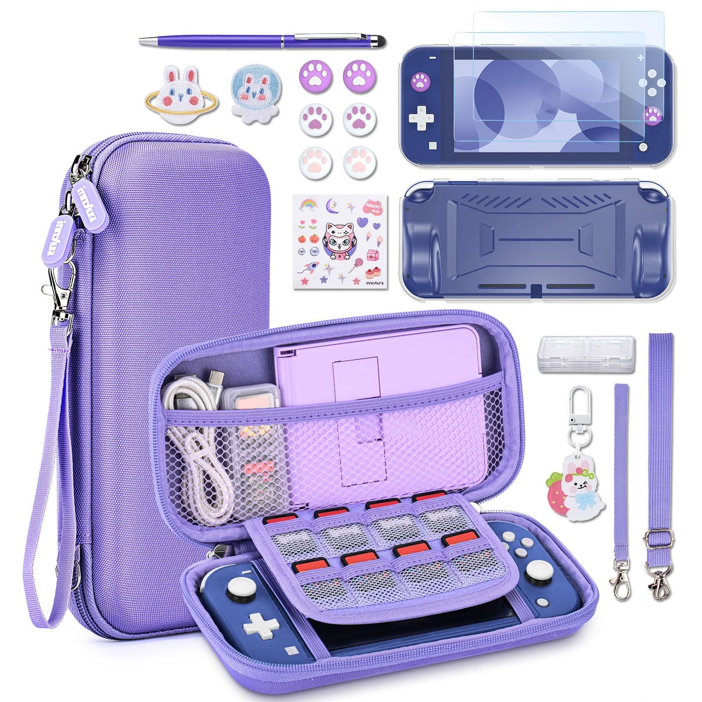 innoAura Switch Lite Case 18 in 1 Switch Lite Accessories Bundle with Switch Lite Carrying Case Switch Game Case Switch Lite Screen Protector Switch Thumb Grips (Purple)