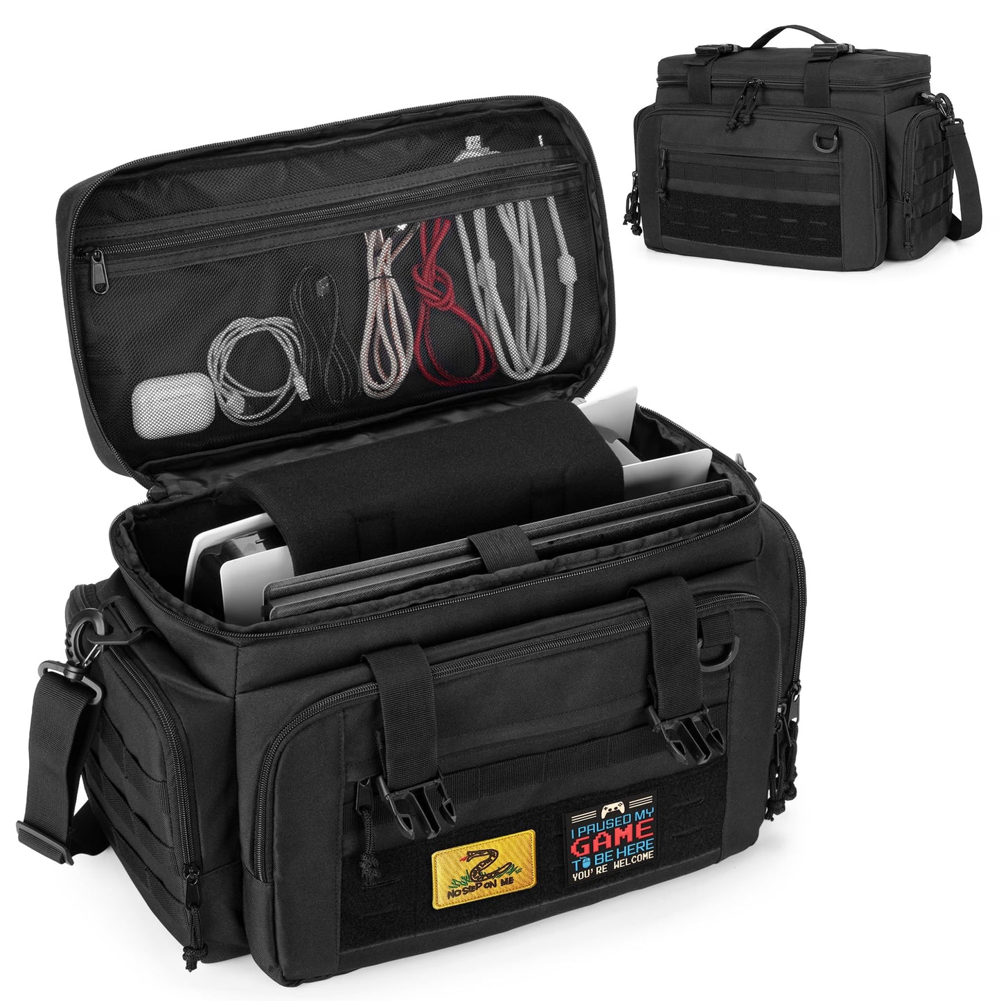 PGmoon Tactical Carrying Case Compatible with PS5 Console Travel Console Carry Bag with Various Pockets for 15.6 Laptop Controllers Discs and More(Patent Design)